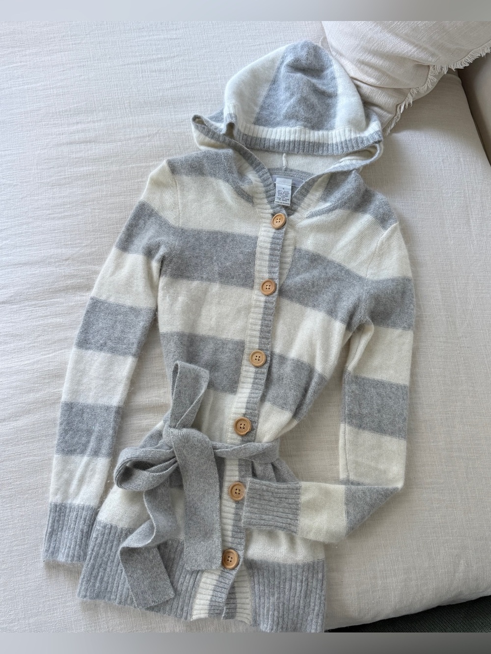 Vintage Angora Striped Hooded Belted Cardigan Sweater Gray Cream S Y2K
